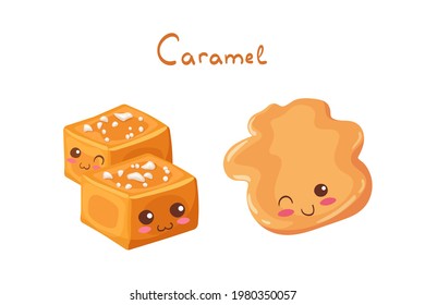 Cute Melted Caramel Puddle and Salted Caramel Cubes stock vector illustration. Kawaii happy cartoon food characters isolated on white background with lettering. Food doodle for post card, print.