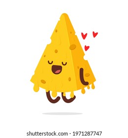 Cute melted cheese with hearts vector cartoon character isolated on a white background.