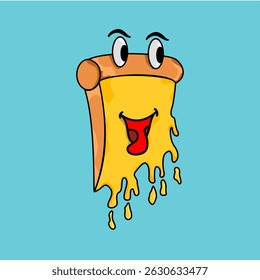 Cute melted cheese pizza slice illustration with smiling eyes and mouth. Perfect for food design, cartoons or fun graphic elements.