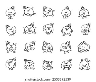 Cute melting ice cream character. Coloring Page. Adorable cartoon dessert with a funny face. Hand drawn style. Vector drawing. Collection of design elements.