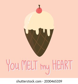 Cute melting ice cream cone with quote "You MELT my HEART" on pastel orange background. Dessert pun for card design in love concept