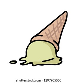 Cute melting ice cream waffle cone vector illustration. Accident oops, dropped onto floor.Hand drawn summer treats element clipart for kitchen foodie blof, cafe food graphic.