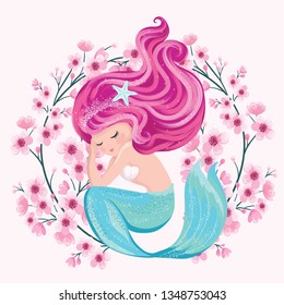 Cute memaid sleeps with spring flowers, vector illustration, mermaid graphic for kids prints, t shirts, wallpapers, birthday cards, postcards, children products. Lovely mermaid for girls swimsuits.