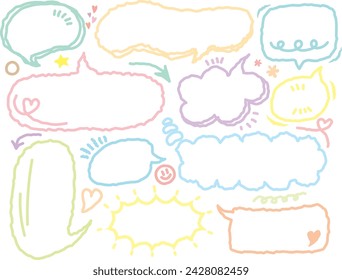 Cute memo of colorful Crayon drawn line out speech bubbles. Hand drawn doodle lettering quote frame for text. Set of variety shape sticker. Thinking and chat box. Line speech cloud. Cloud, Box, Blank