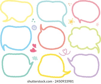 Cute memo of colorful Crayon drawn line out speech bubbles. Hand drawn doodle lettering quote frame for text. Set of variety shape sticker. Thinking and chat box. Line speech cloud. Cloud, Box, Blank