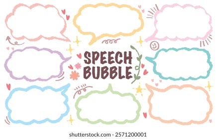 Cute memo of colorful Crayon drawn line out speech bubbles. Hand drawn doodle lettering quote frame for text. Set of variety shape sticker. Thinking and chat box. Line speech cloud. Cloud, Box, Blank