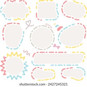 Cute memo of colorful line out speech bubbles. Hand drawn doodle lettering quote frame for text. Set of variety shape sticker. Thinking and chat box. Dotted line speech cloud. Cloud, Box, Blank, Tag