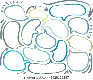 Cute memo of colorful line out speech bubbles. Hand drawn doodle lettering quote frame for text. Set of variety shape sticker. Thinking and chat box. Blue green line speech cloud. Cloud, Box, Blank