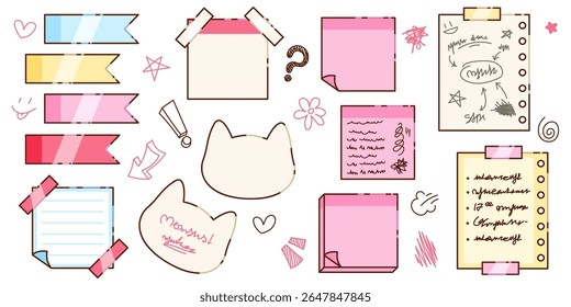 Coleção de notas memorando bonito com abas de seta coloridas, papel com fita adesiva, orelhas de gato bloco de notas, folhas de lista amarelas, cartões cor-de-rosa e página bege. Kawaii papelaria conjunto com rabiscos para registro.