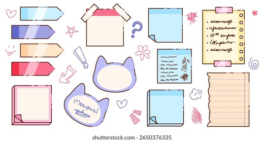 Coleção de notas memorando bonito com abas de seta coloridas, papel com fita adesiva, orelhas de gato, folhas de lista amarelas, cartões azuis e páginas beges rasgadas. Kawaii papelaria conjunto com rabiscos para registro.