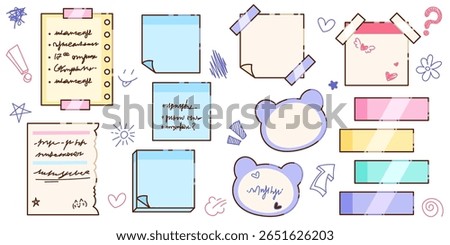 Cute memo note collection - torn paper with handwriting, blue sticky notes, taped sheets, purple bear shaped reminders. Colorful stationery set with doodles like for planners or scrapbooking.
