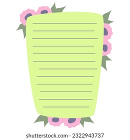 Cute Memo Notebook with flower paper frame for text. Planner sticker element sticky. Flat vector illustration. Cute Notes planner page.
