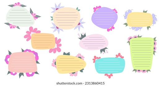 Cute Memo Notebook set with flower paper frame for text. Planner sticker element sticky. Flat vector illustration. Cute Notes planner page.
