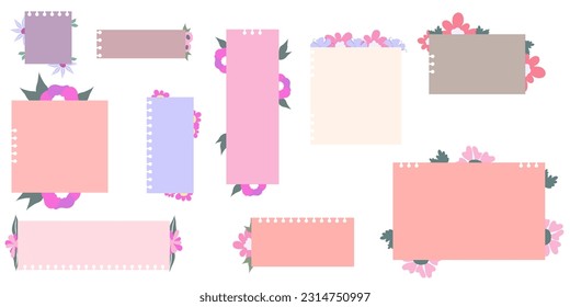 Cute Memo Notebook set with flower paper frame for text. Planner sticker element sticky. Flat vector illustration. Cute Notes planner page.