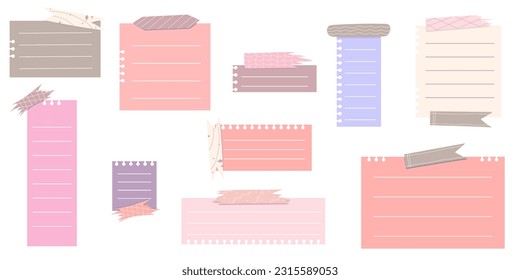 Cute Memo Notebook set with tape paper frame for text. Planner sticker element sticky. Flat vector illustration. Cute Notes memo planner page.