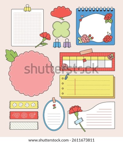Cute memo pad with carnations, sticker illustration