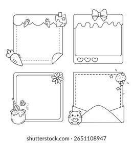 Cute Memo Pad Coloring Page with Bows, Bunnies, Desserts, and Kawaii Animal Themes for Journaling and Scrapbooking