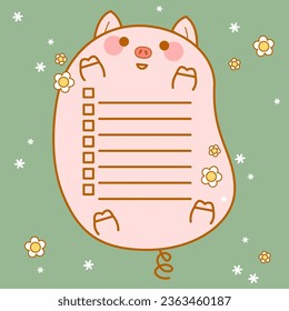 Cute memo pad with pig. Kawaii design for checklist, to do list. Notepad, memo sheet design for scrapbooking, bullet journals, gift tags, cards and invitations