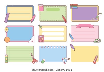 Cute memo pads and decorations. outline vector illustration.