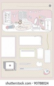 Cute Memo Paper - pink romantic message or memo pad with girl's room : room full of luxury furniture (tv, bed, wardrobe, book & bookshelf, sofa, mirror, table, lamp etc..)