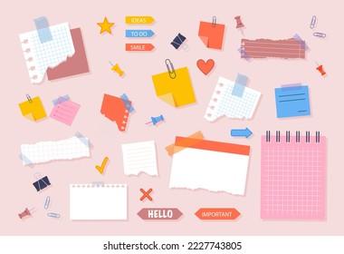 Cute memo template. Collection of colorful papers. Organization of work and study process, goal setting and time management concept. Cartoon flat vector illustrations isolated on pink background
