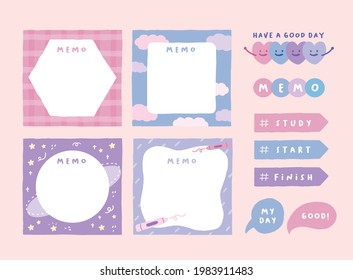 Cute memo template. A collection of striped notes, blank notebooks, and torn notes used in a diary or office.