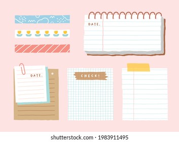 Cute Memo Template. A Collection Of Striped Notes, Blank Notebooks, And Torn Notes Used In A Diary Or Office.