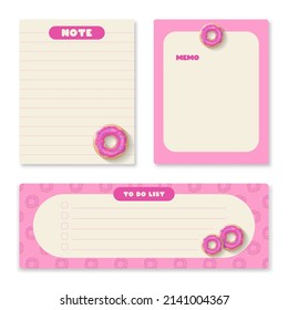 Cute memo template. A collection of striped notes, blank notebooks. Template for agenda, schedule, planners, checklists, notebooks, cards and other stationery. Vector illustration