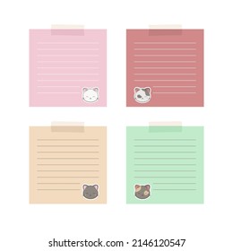 Cute memo template with kawaii cat. A collection of blank colorful notebooks sheets.