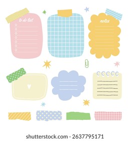 Cute memo templates set. Blank notes, scrapbook tapes, decorative elements for notebooks
