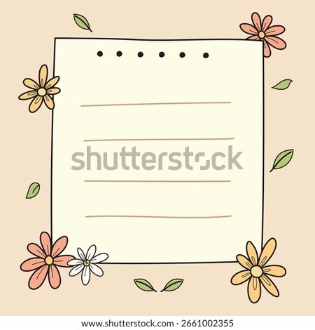 Cute memo vector cartoon doodle illustration with flower clip art decoration. Beautiful notes hand drawn for scrap book, notepad, book, print, decoration