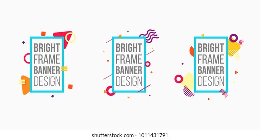 Cute Memphis Banner Design Set with Colorful Objects and Frame, Place for text. Flat Bright Background. ideal for Poster, Cover, Social Media Sales, Invitation
