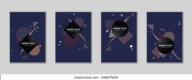 Cute memphis cover collection vector with white, and geometrical shapes on background. Variegated first page cover assortment. Colorful memphis style illustration for advertisement purpose.