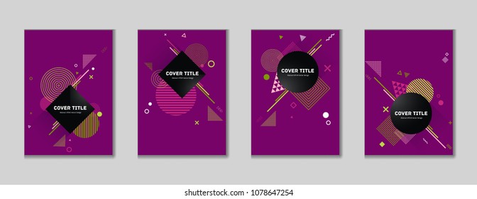 Cute memphis cover collection vector with white, and geometrical shapes on background. Variegated first page cover selection. Colorful memphis style illustration for marketing purpose.