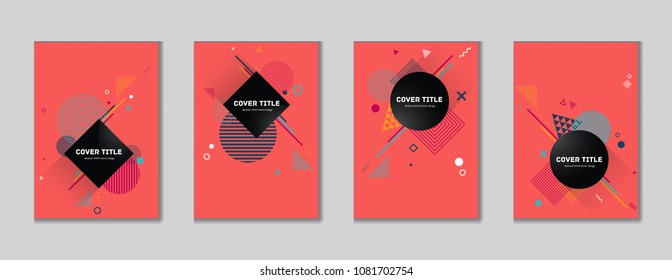 Cute memphis cover collection vector with white, pink, blue and cyan geometrical shapes on background. Variegated first page cover selection. Colorful memphis style pattern for marketing purpose.