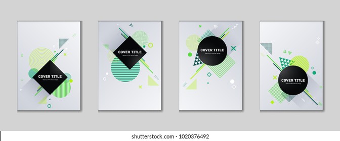 Cute memphis cover kit. Cool memphis template front page set with white, green, jade and blue shapes, isolated on light background. Memphis style cover vector set for marketing purpose.