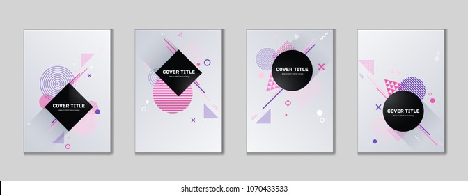 Cute memphis cover kit. Cool memphis texture front page set with white, Violet, pink and magenta shapes, isolated on light background. Memphis style cover illustration assortment for corporate purpose
