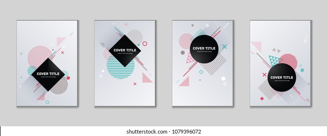 Cute memphis cover kit. Cool memphis template front page set with white, pink and cyan shapes, isolated on light background. Memphis style cover graphic design set for business purpose.