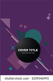 Cute memphis design placard pattern with white, pink and green shapes on dark purple background. Cool memphis texture placard page. Front page graphic design for personal notebook, dairy or notepad.