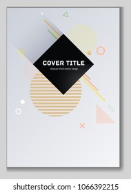 Cute memphis design poster vector with white, peach yellow shapes. Cool page template posters. Template for the main page for business notebooks, dairy products or notebooks.
