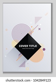 Cute memphis front cover background with white, orange and purple geometrical shapes. Minimalistic front page texture. Colorful title page illustration for business notebook, dairy or notepad.