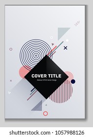 Cute memphis front cover vector with white geometrical shapes. Minimalistic front page texture. Colorful title page design for business notebook, dairy or notepad.