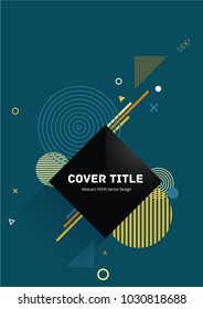Cute memphis neo vector with white, yellow and blue geometrical shapes on dark cyan background. Minimalistic front page template. Colorful memphis neo style background for personal purpose.