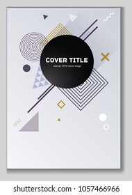 Cute memphis notepad cover background. Cool memphis template front page with white, blue, brown and purple geometrical shapes. Memphis notepad cover background for marketing purpose.