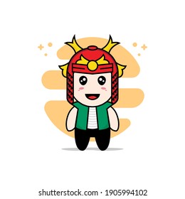 Cute men character design wearing samurai helmet costume. Mascot design concept