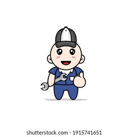 Cute men character design wearing mechanic costume. Mascot design concept