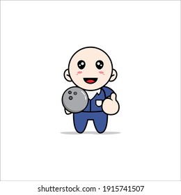 Cute men character holding a bowling ball. Mascot design concept