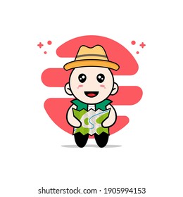 Cute men character holding map. Mascot design concept