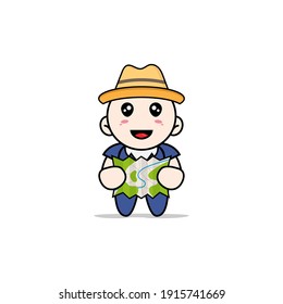 Carácter masculino lindo sosteniendo un mapa. Concepto de diseño de mascota