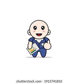 Cute men character holding a presentation results. Mascot design concept
